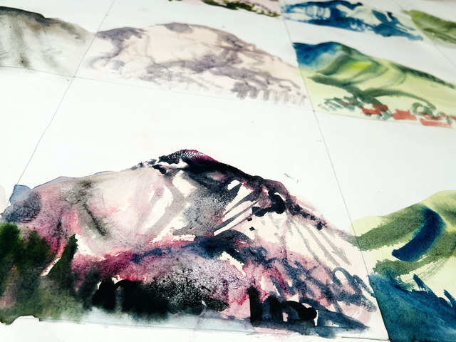 1. Alperna, akvarellskiss, studiobild 2025 Foto: L Nilsson V